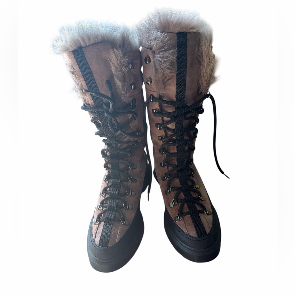 Stuart Weitzman Jesse Fur-Trimmed Lace-Up Mid-Calf Boots In Taupe, Sz 9m, Nwot